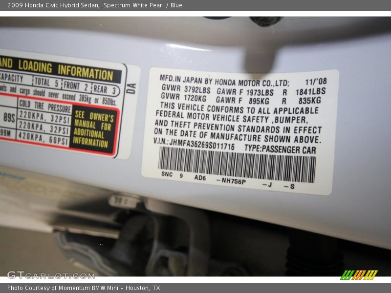 Spectrum White Pearl / Blue 2009 Honda Civic Hybrid Sedan