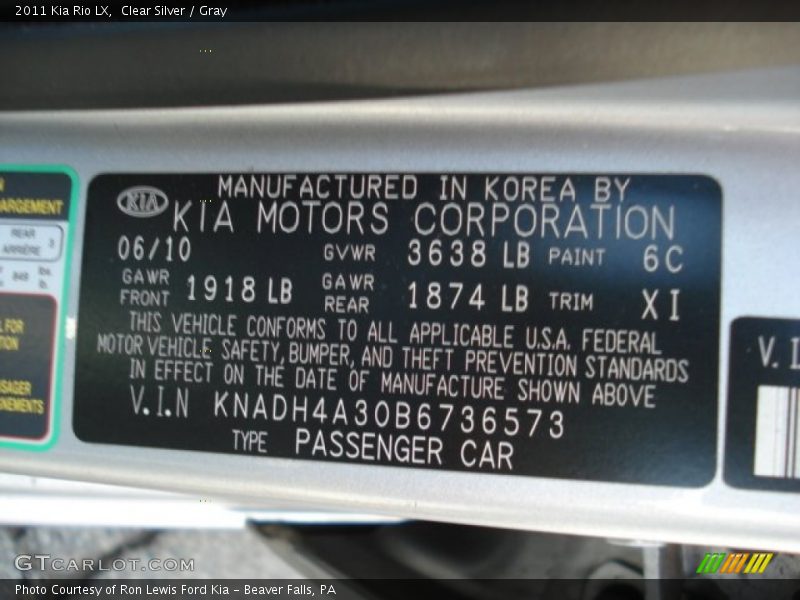 Clear Silver / Gray 2011 Kia Rio LX