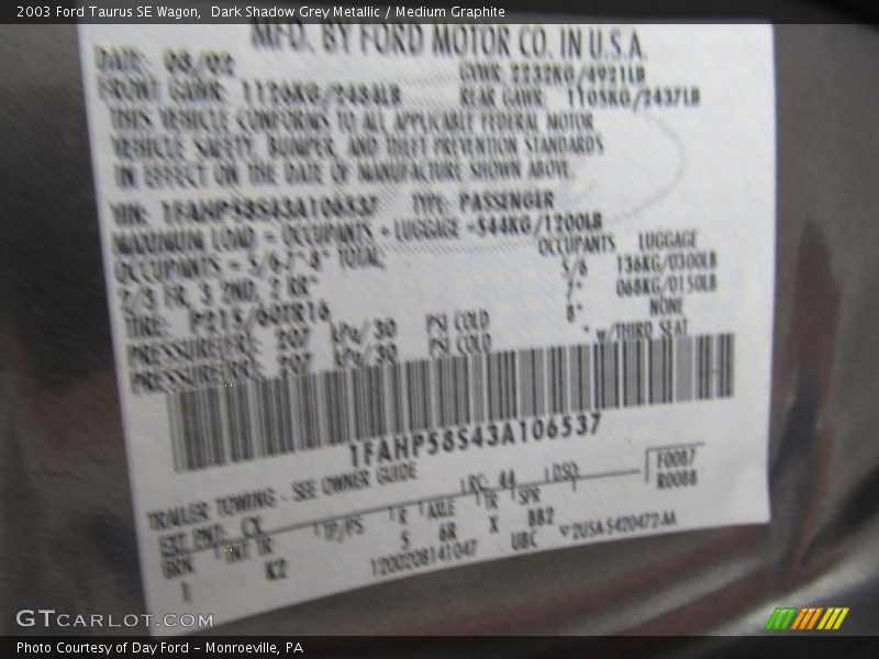 2003 Taurus SE Wagon Dark Shadow Grey Metallic Color Code CX
