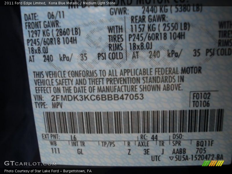 Kona Blue Metallic / Medium Light Stone 2011 Ford Edge Limited