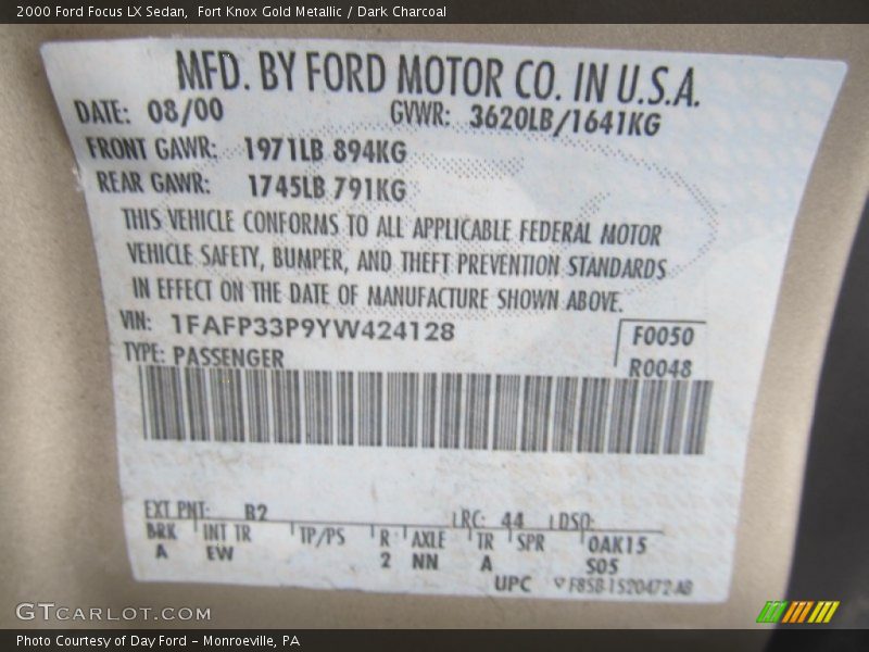 2000 Focus LX Sedan Fort Knox Gold Metallic Color Code B2
