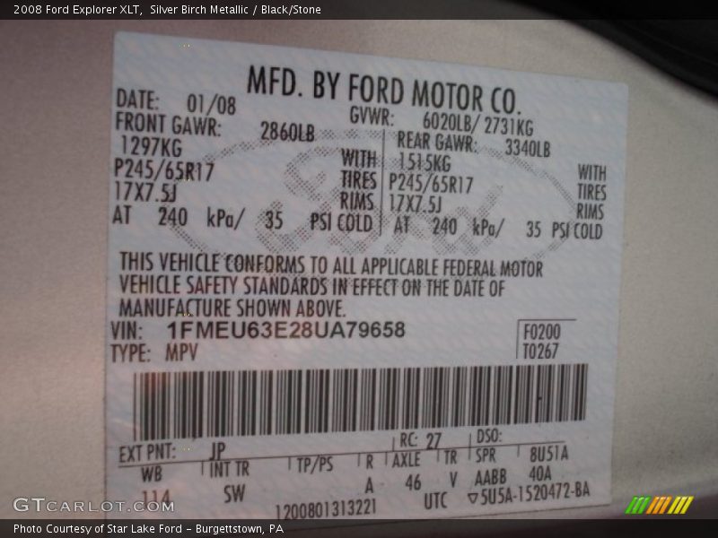 Silver Birch Metallic / Black/Stone 2008 Ford Explorer XLT