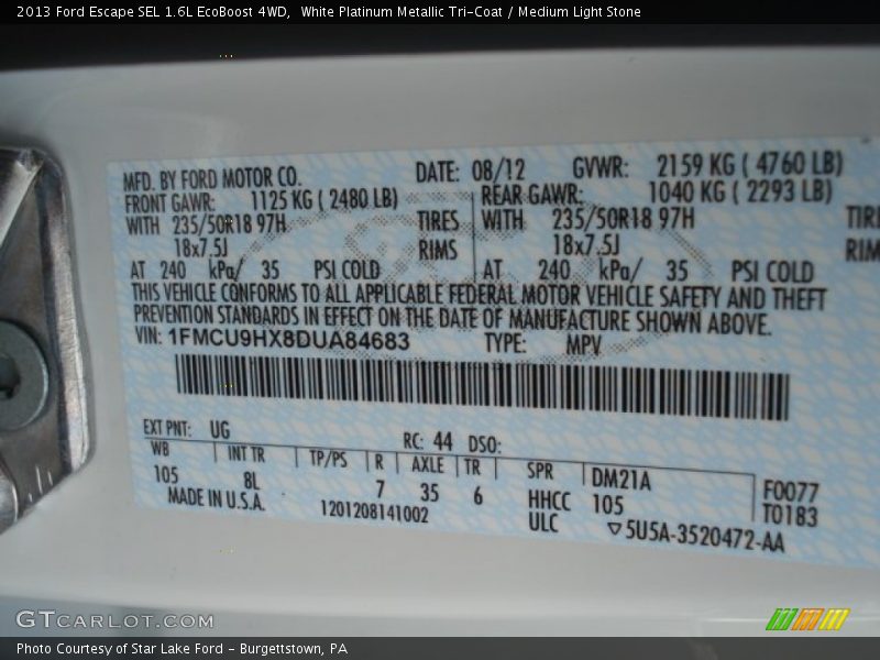 White Platinum Metallic Tri-Coat / Medium Light Stone 2013 Ford Escape SEL 1.6L EcoBoost 4WD