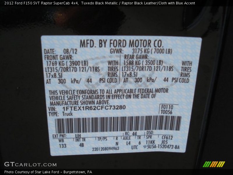 Tuxedo Black Metallic / Raptor Black Leather/Cloth with Blue Accent 2012 Ford F150 SVT Raptor SuperCab 4x4