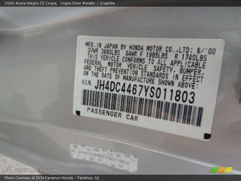 Vogue Silver Metallic / Graphite 2000 Acura Integra GS Coupe