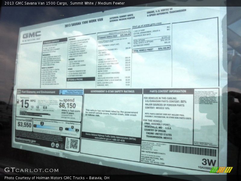  2013 Savana Van 1500 Cargo Window Sticker