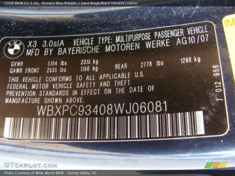 Monaco Blue Metallic / Sand Beige/Black Nevada Leather 2008 BMW X3 3.0si