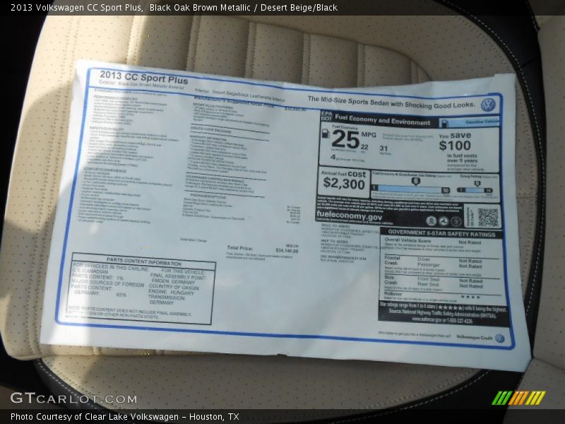 Black Oak Brown Metallic / Desert Beige/Black 2013 Volkswagen CC Sport Plus