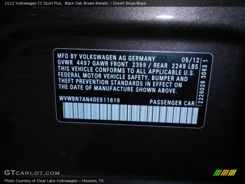 Black Oak Brown Metallic / Desert Beige/Black 2013 Volkswagen CC Sport Plus