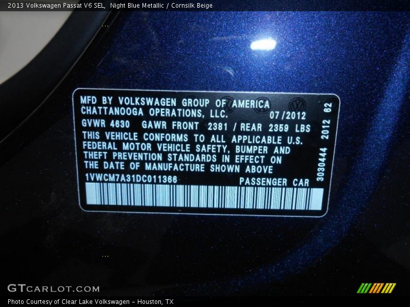 Night Blue Metallic / Cornsilk Beige 2013 Volkswagen Passat V6 SEL