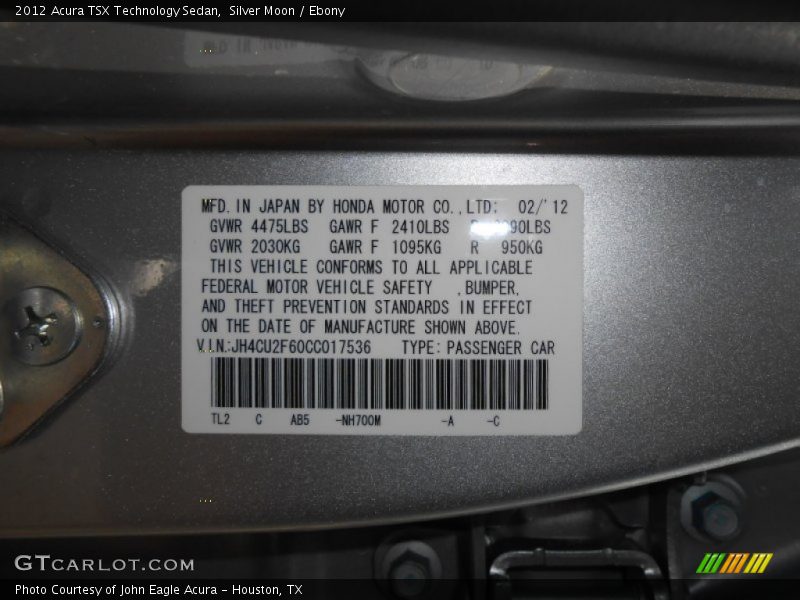 Silver Moon / Ebony 2012 Acura TSX Technology Sedan