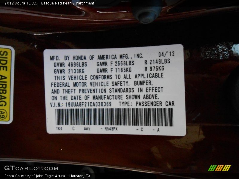 2012 TL 3.5 Basque Red Pearl Color Code R548PX