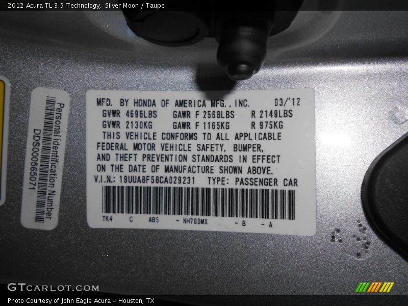 Silver Moon / Taupe 2012 Acura TL 3.5 Technology