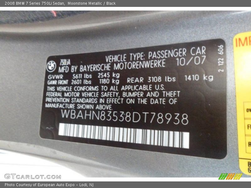 Moonstone Metallic / Black 2008 BMW 7 Series 750Li Sedan