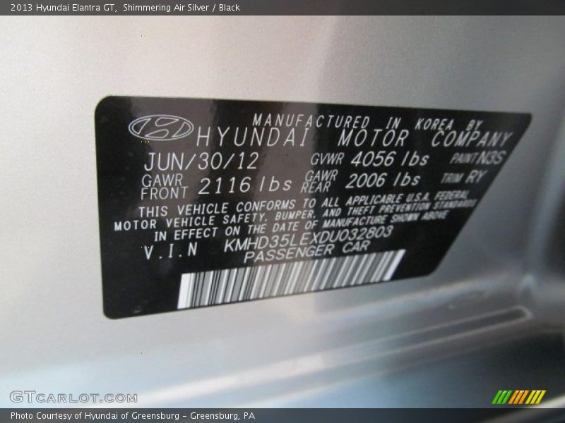 Shimmering Air Silver / Black 2013 Hyundai Elantra GT