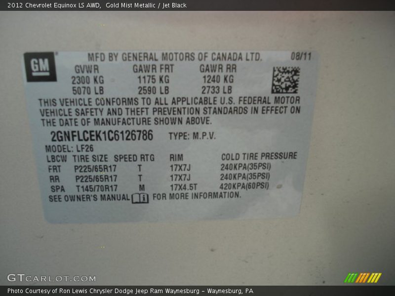 Gold Mist Metallic / Jet Black 2012 Chevrolet Equinox LS AWD