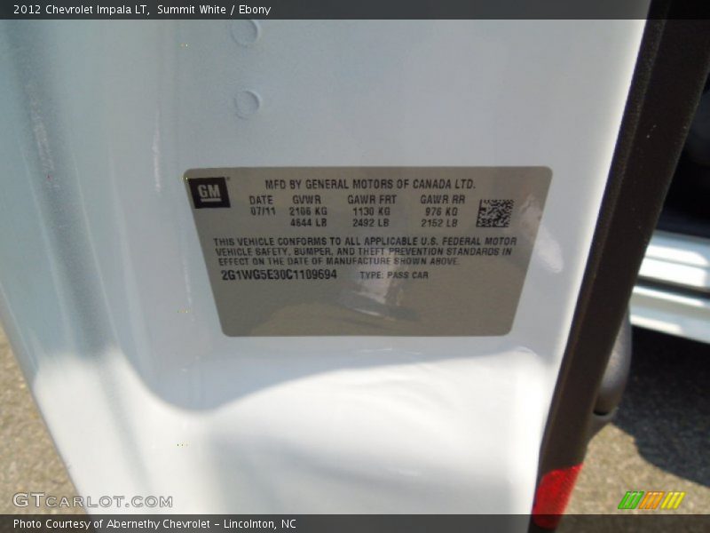 Summit White / Ebony 2012 Chevrolet Impala LT