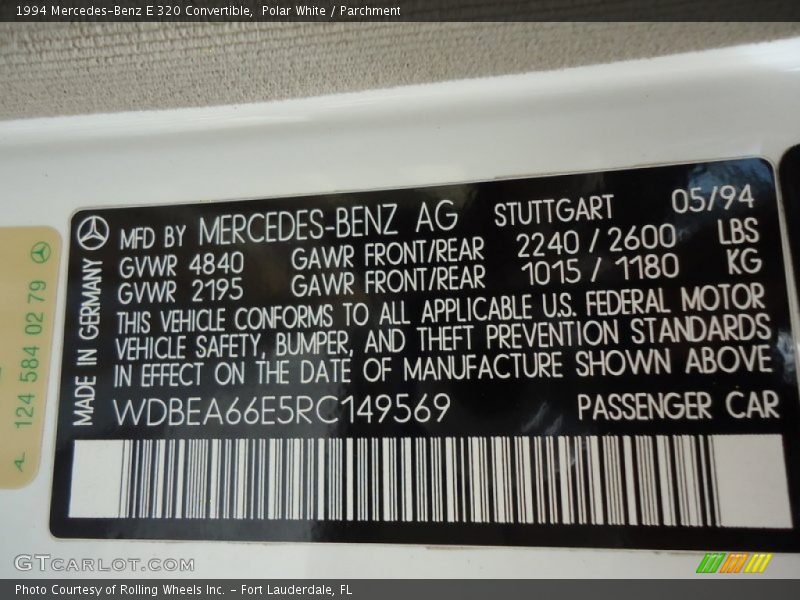 Info Tag of 1994 E 320 Convertible