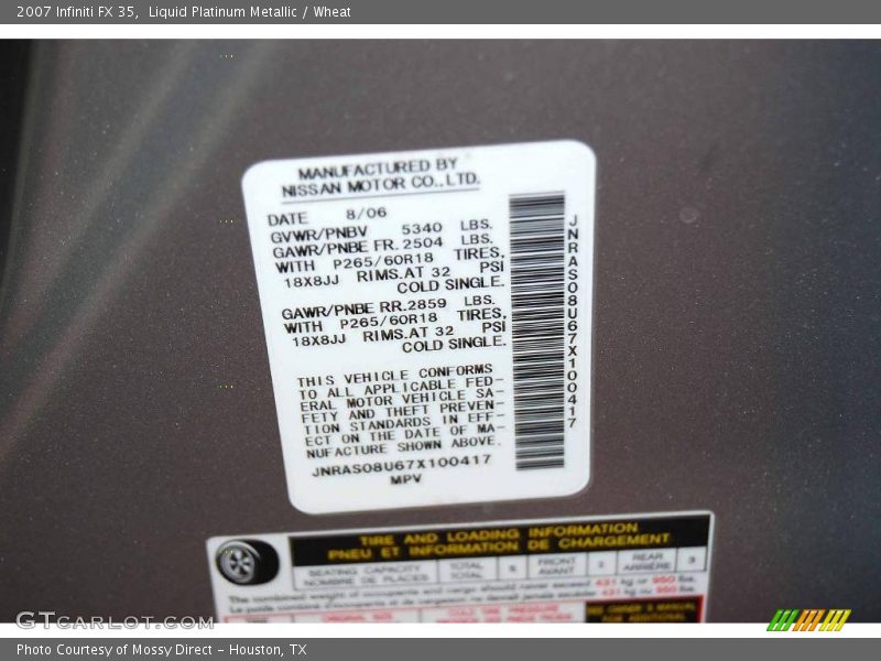 Liquid Platinum Metallic / Wheat 2007 Infiniti FX 35
