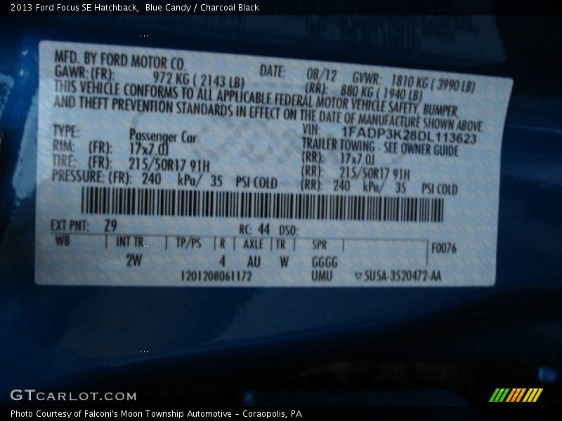 2013 Focus SE Hatchback Blue Candy Color Code Z9