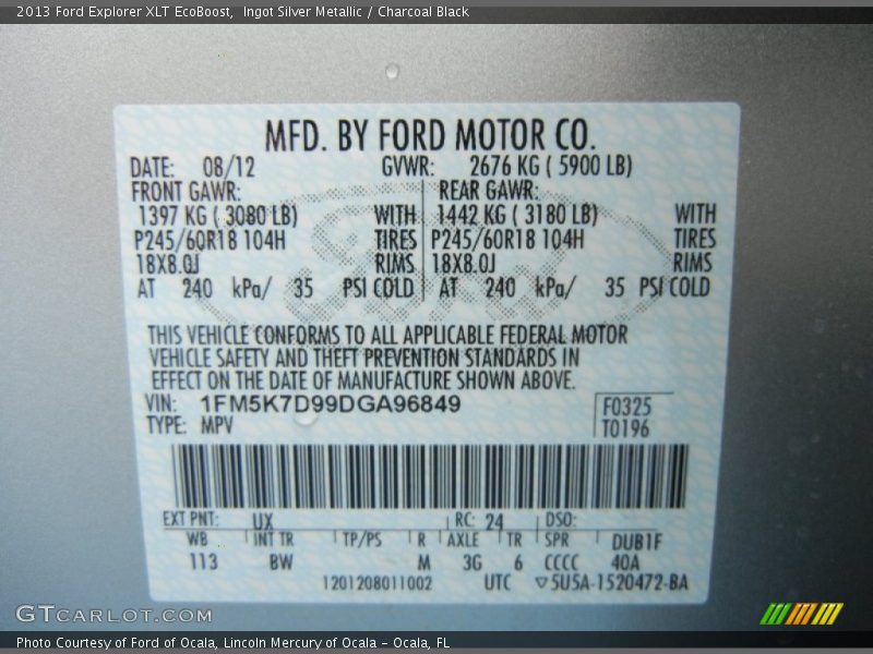 2013 Explorer XLT EcoBoost Ingot Silver Metallic Color Code UX