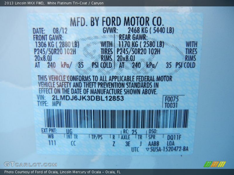 White Platinum Tri-Coat / Canyon 2013 Lincoln MKX FWD