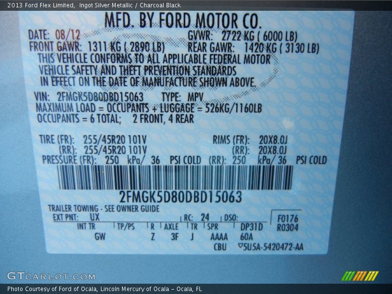 2013 Flex Limited Ingot Silver Metallic Color Code UX