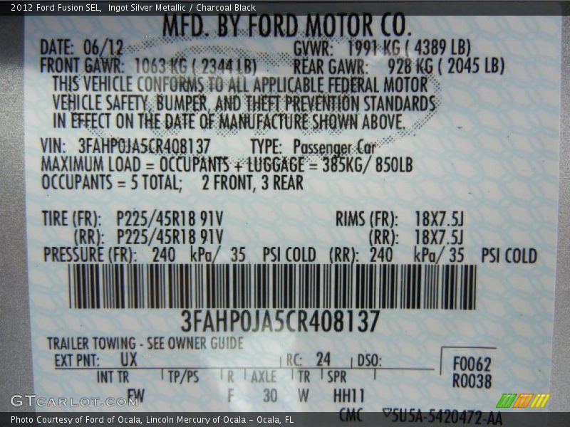 Ingot Silver Metallic / Charcoal Black 2012 Ford Fusion SEL