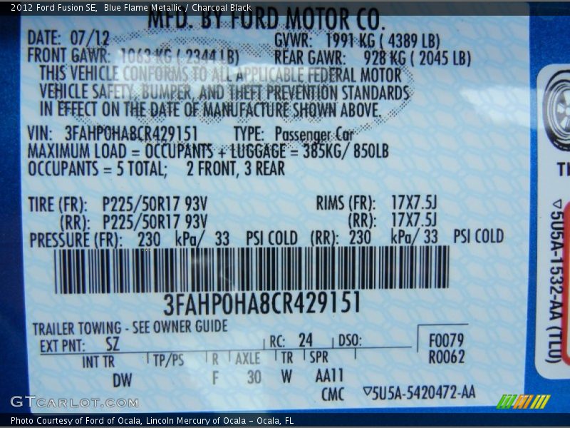 Blue Flame Metallic / Charcoal Black 2012 Ford Fusion SE