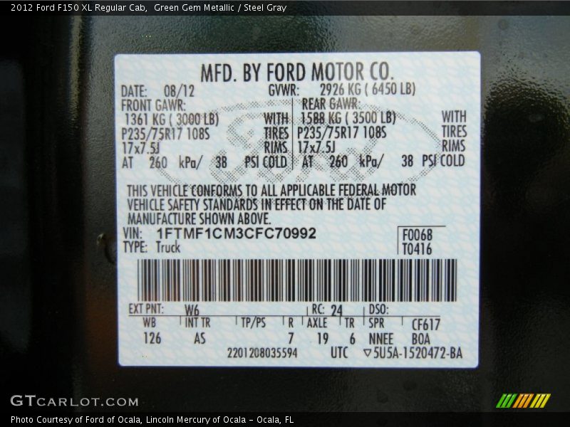 2012 F150 XL Regular Cab Green Gem Metallic Color Code W6