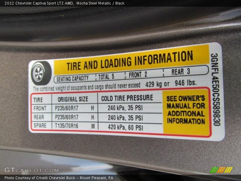 Info Tag of 2012 Captiva Sport LTZ AWD