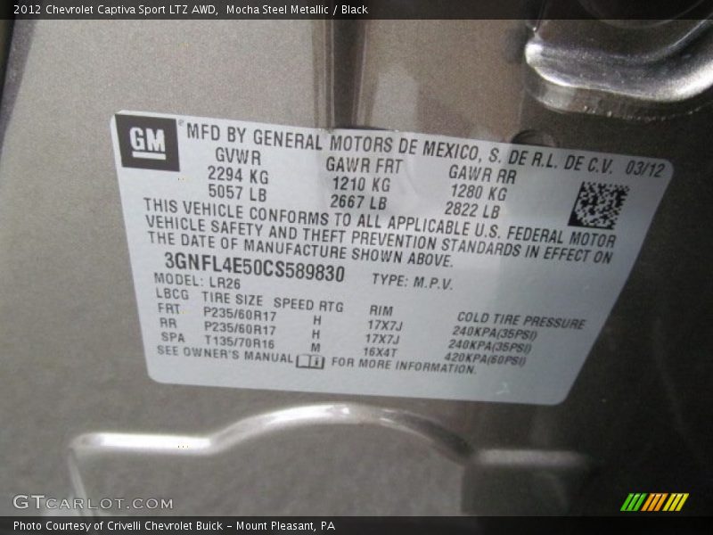 Info Tag of 2012 Captiva Sport LTZ AWD