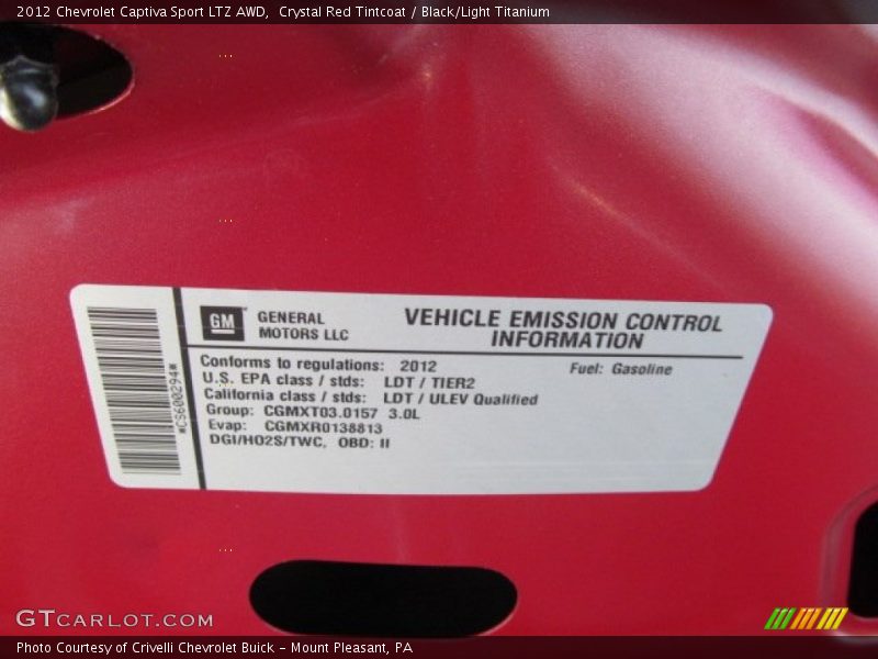 Info Tag of 2012 Captiva Sport LTZ AWD