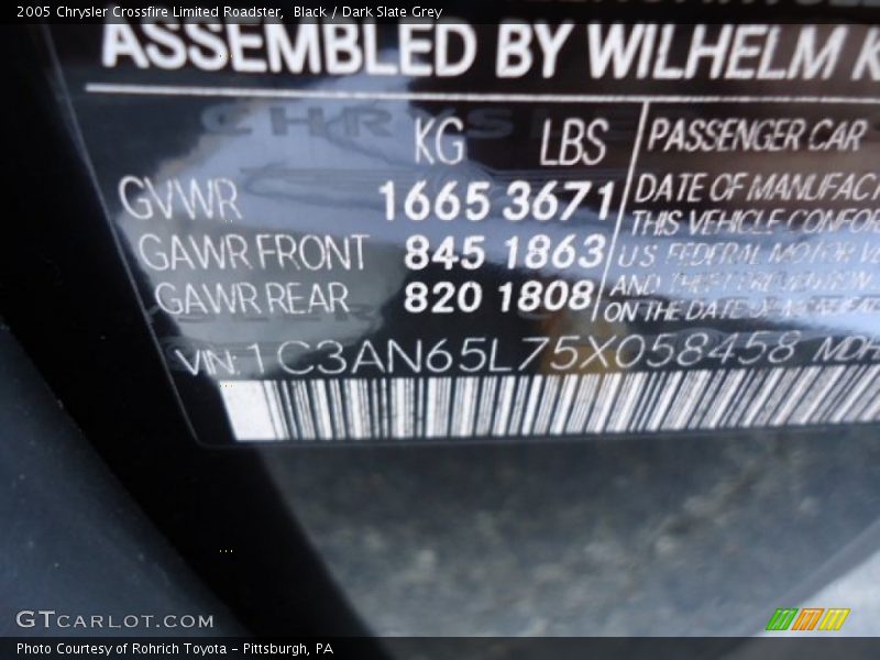 Info Tag of 2005 Crossfire Limited Roadster