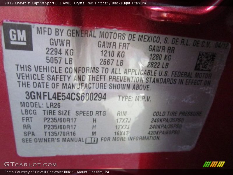 Info Tag of 2012 Captiva Sport LTZ AWD