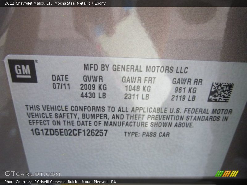 Info Tag of 2012 Malibu LT