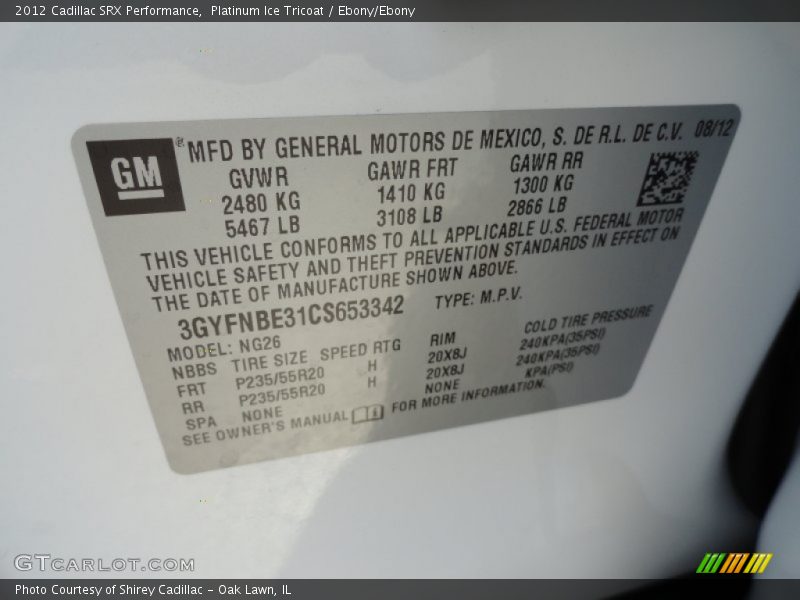 Platinum Ice Tricoat / Ebony/Ebony 2012 Cadillac SRX Performance