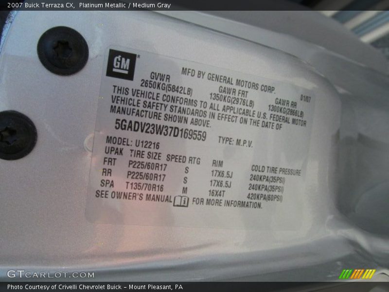 Platinum Metallic / Medium Gray 2007 Buick Terraza CX
