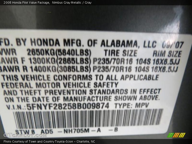 Nimbus Gray Metallic / Gray 2008 Honda Pilot Value Package