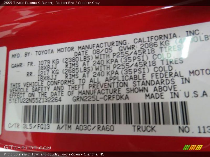 2005 Tacoma X-Runner Radiant Red Color Code 3L5