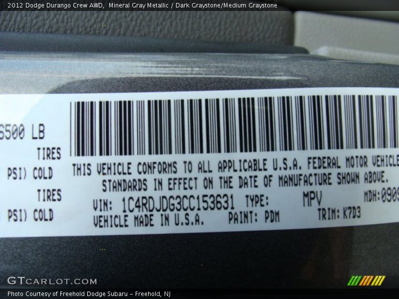 Mineral Gray Metallic / Dark Graystone/Medium Graystone 2012 Dodge Durango Crew AWD