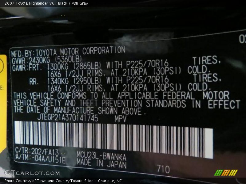 Black / Ash Gray 2007 Toyota Highlander V6