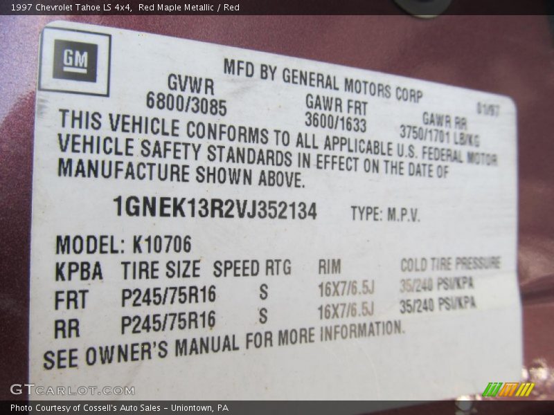 Red Maple Metallic / Red 1997 Chevrolet Tahoe LS 4x4