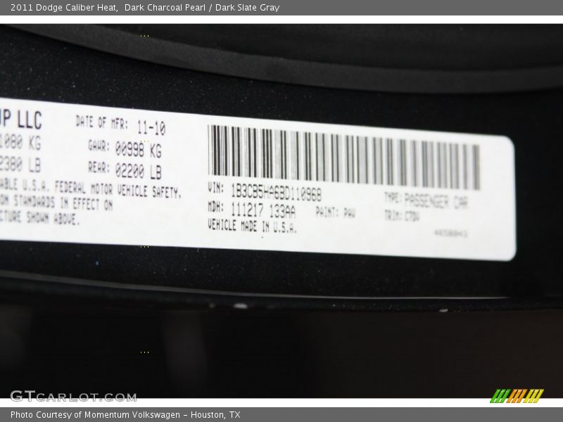 2011 Caliber Heat Dark Charcoal Pearl Color Code PAV