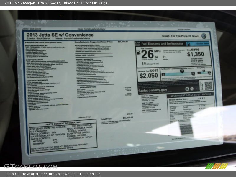 Black Uni / Cornsilk Beige 2013 Volkswagen Jetta SE Sedan