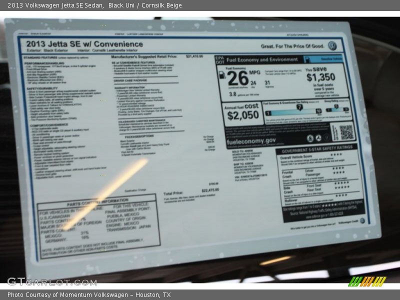 Black Uni / Cornsilk Beige 2013 Volkswagen Jetta SE Sedan
