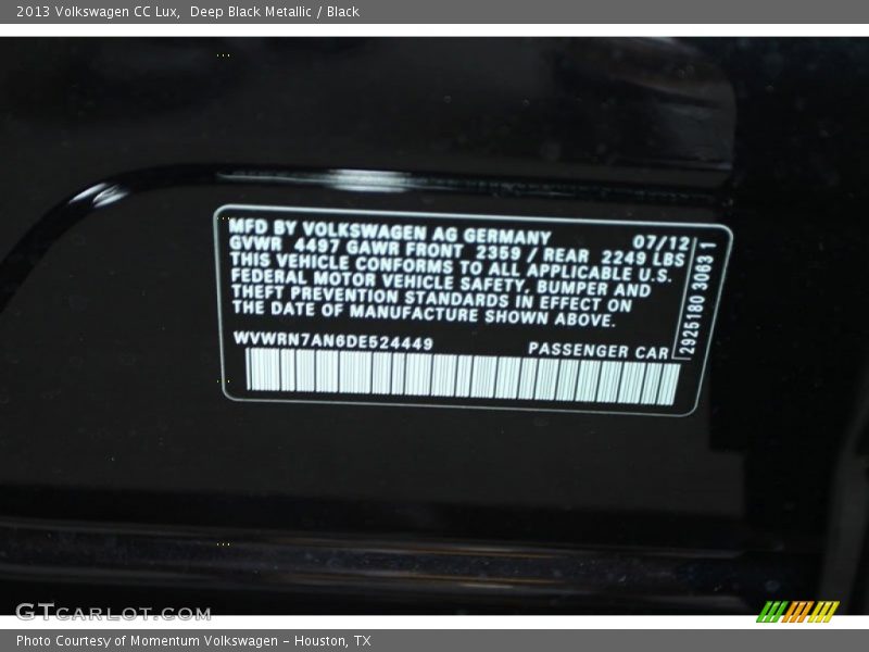 Deep Black Metallic / Black 2013 Volkswagen CC Lux