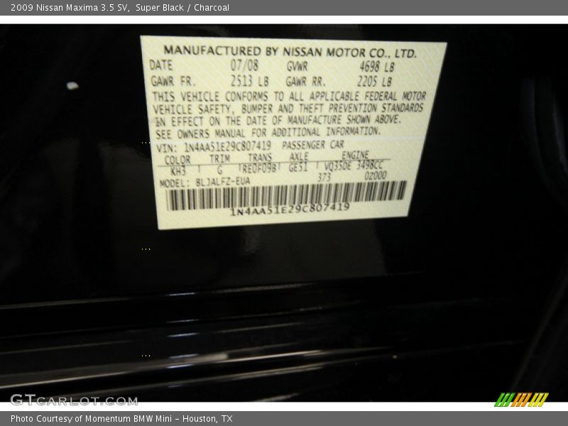 Super Black / Charcoal 2009 Nissan Maxima 3.5 SV