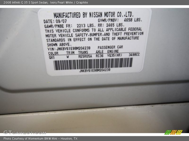 Ivory Pearl White / Graphite 2008 Infiniti G 35 S Sport Sedan