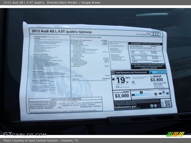  2013 A8 L 4.0T quattro Window Sticker